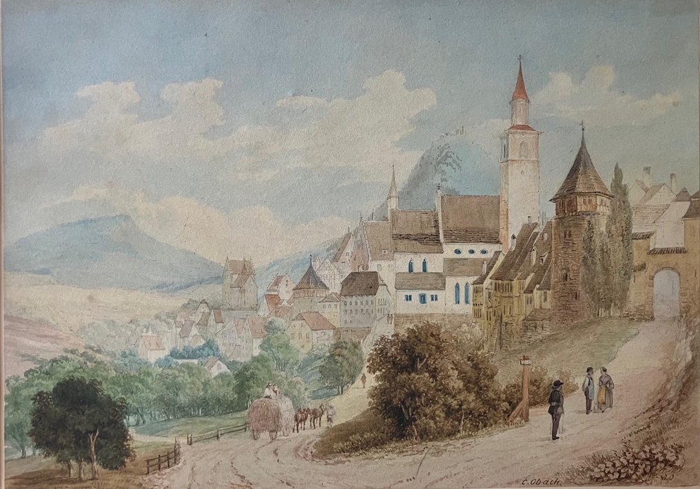 德国 - Baden-Württemberg; Caspar Obach - Schwäbische Stadtansicht - Original-Aquarell - 1821-1850 #3.2