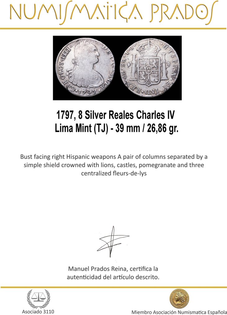 Espanha. Carlos IV. 8 Reales 1797 Lima, Ensayador TJ  (Sem preço de reserva) #1.0