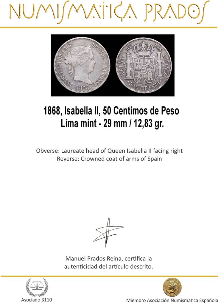 Spagna. Isabella II. 50 centimos de Peso, Manila 1868  (Senza prezzo di riserva) #1.0