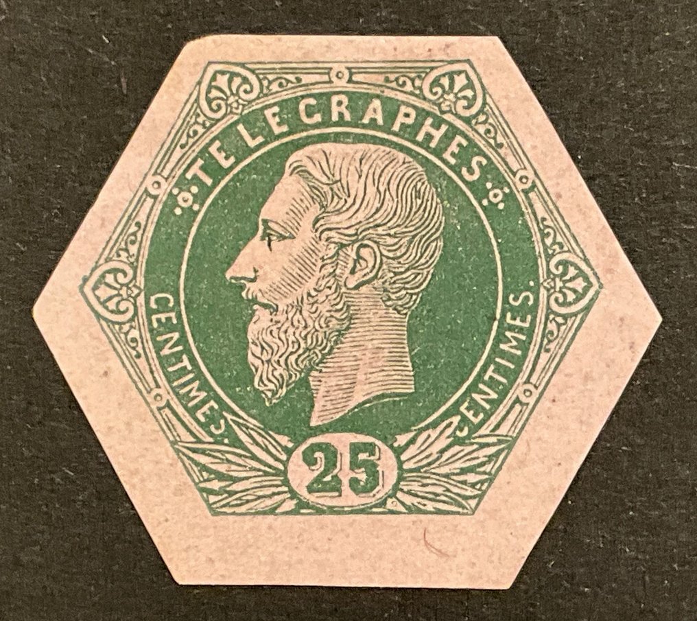 Βέλγιο 1871 - Τελεγραφζεγκελ 25c πράσινο - Δείγμα εκτύπωσης σε ροζ χαρτί - STES 43 #2.1