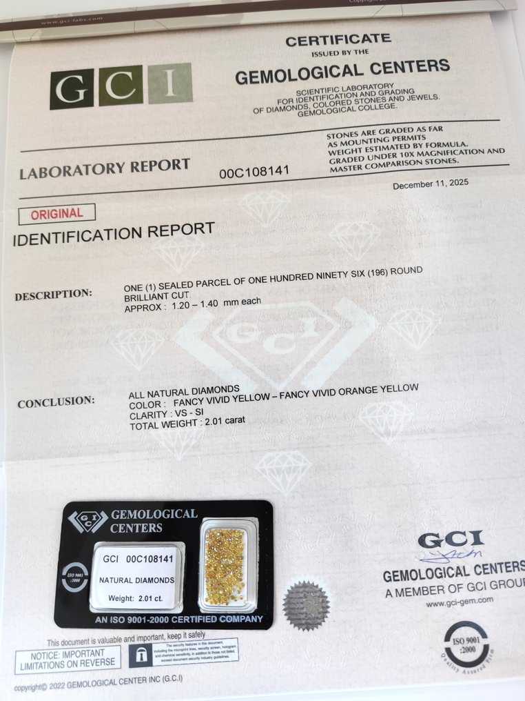 No reserve price - 196 pcs Diamond  (Natural coloured)  - 2.01 ct - Round Mixed yellow - SI1, VS1 - Gemmological Centre Israel (G.C.I.) #1.0