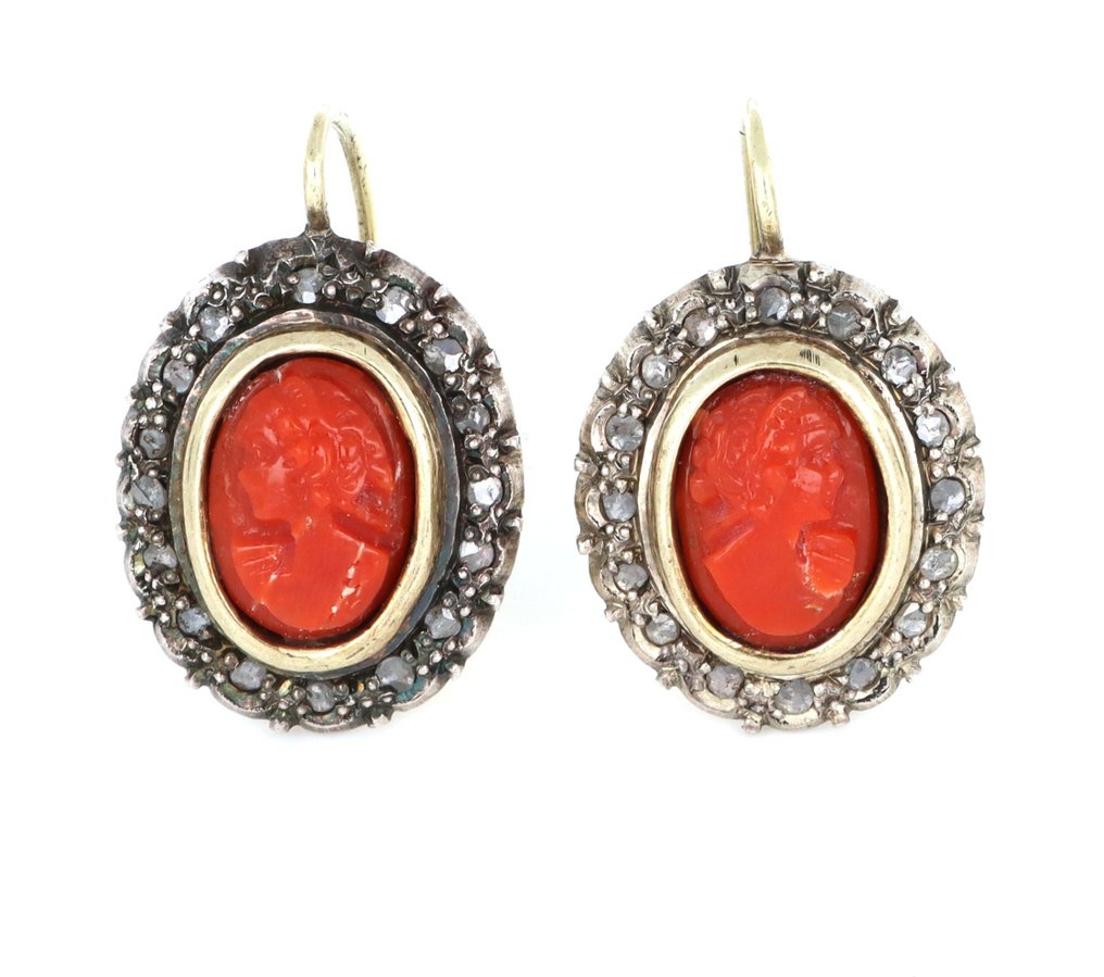 χωρίς τιμή ασφαλείας - Σκουλαρίκια - 18 καράτια Κίτρινο χρυσό, Ασημί Κοράλλι - Διαμάντι #1.0