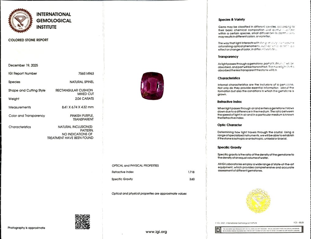 χωρίς τιμή ασφαλείας Σπινέλιος  - 2.04 ct - International Gemological Institute (IGI) #2.1