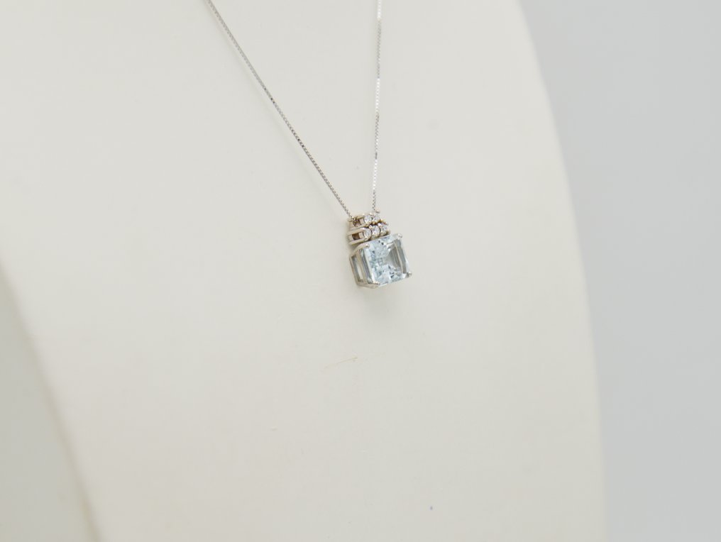 Colar com pingente - 18 K Ouro branco Água-marinha - Diamante #3.2