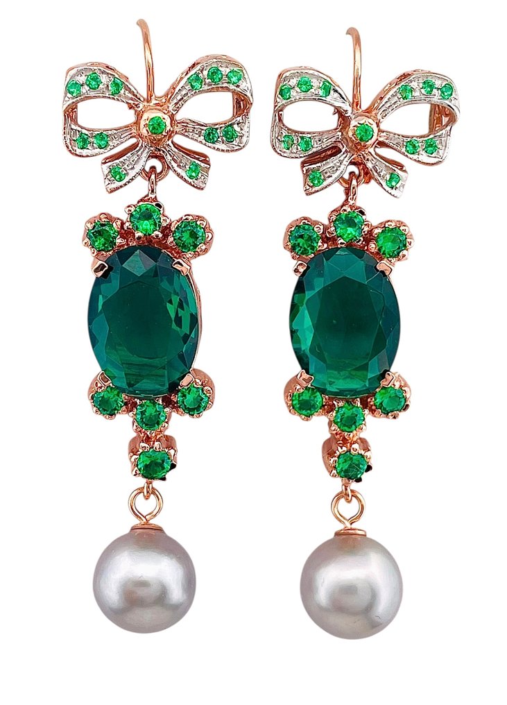 没有保留价 - 耳环 - 9 kt. 玫瑰金, 银 祖母绿 - 珍珠 #1.0