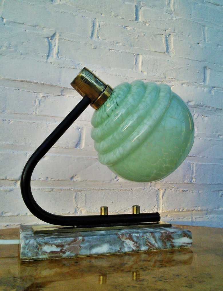 燈 - 包豪斯 - 绿色乳白色灯罩，带有浮雕环 - 玻璃, 大理石, 銅, 木 #3.2