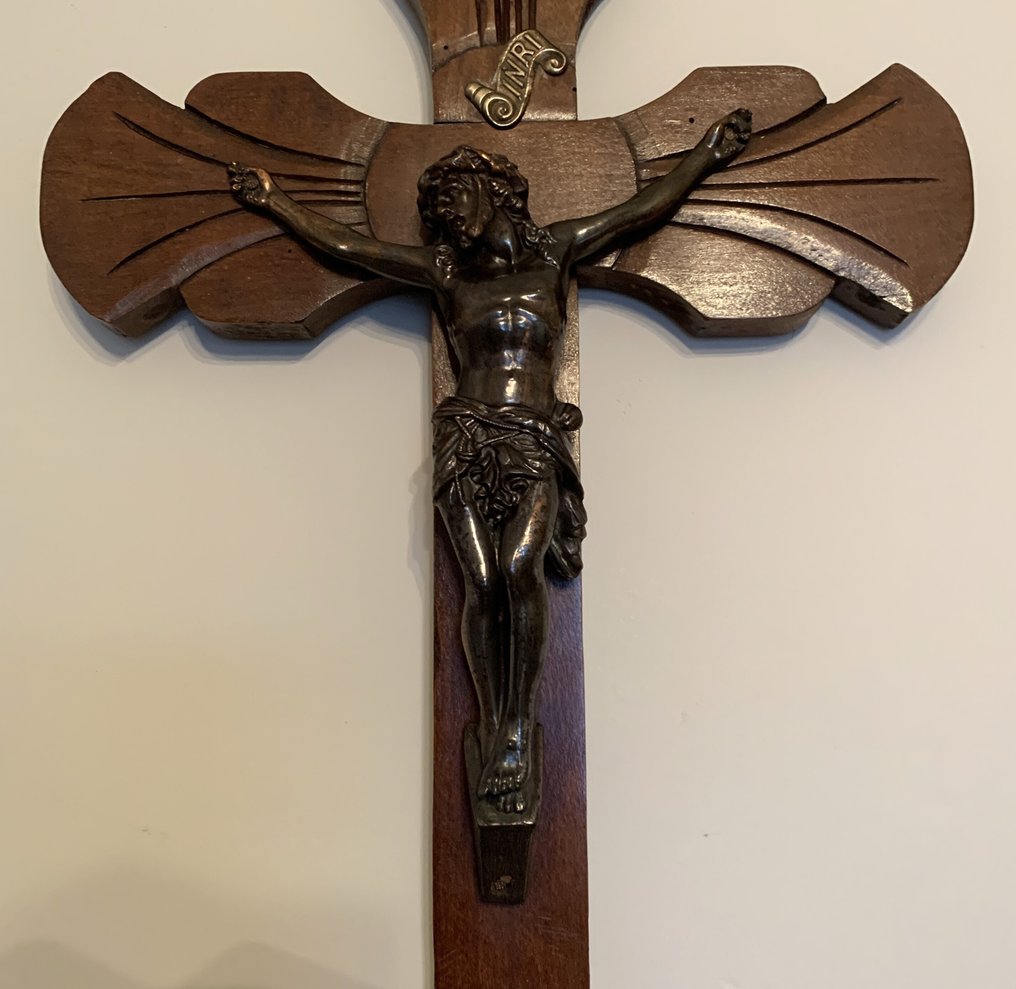  Kruzifix - Holz, Metall - 1920-1930 - Großes Kreuzbild Eiche - 70 cm  #2.1
