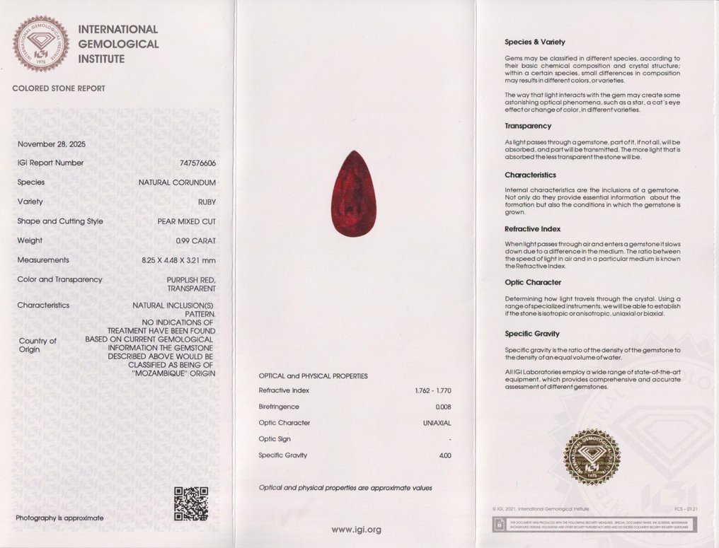 没有保留价 - 1 pcs  红色, 紫色 红宝石  - 0.99 ct - 国际宝石研究院（IGI） - 未处理的 Ruby #2.1