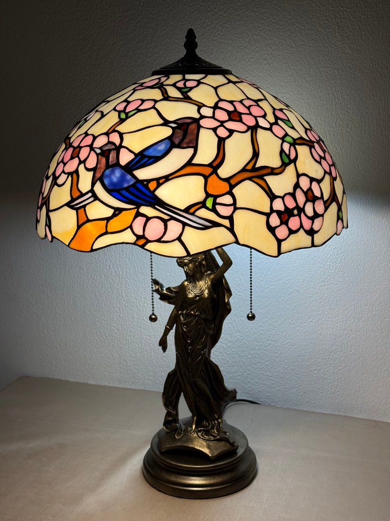 XXL Tiffany stijl tafellamp Art Nouveau Bronze Maiden lamp met 2 lichtpunten Ø 40x60cm! - Tafellamp - Glas in lood, metaal #2.1