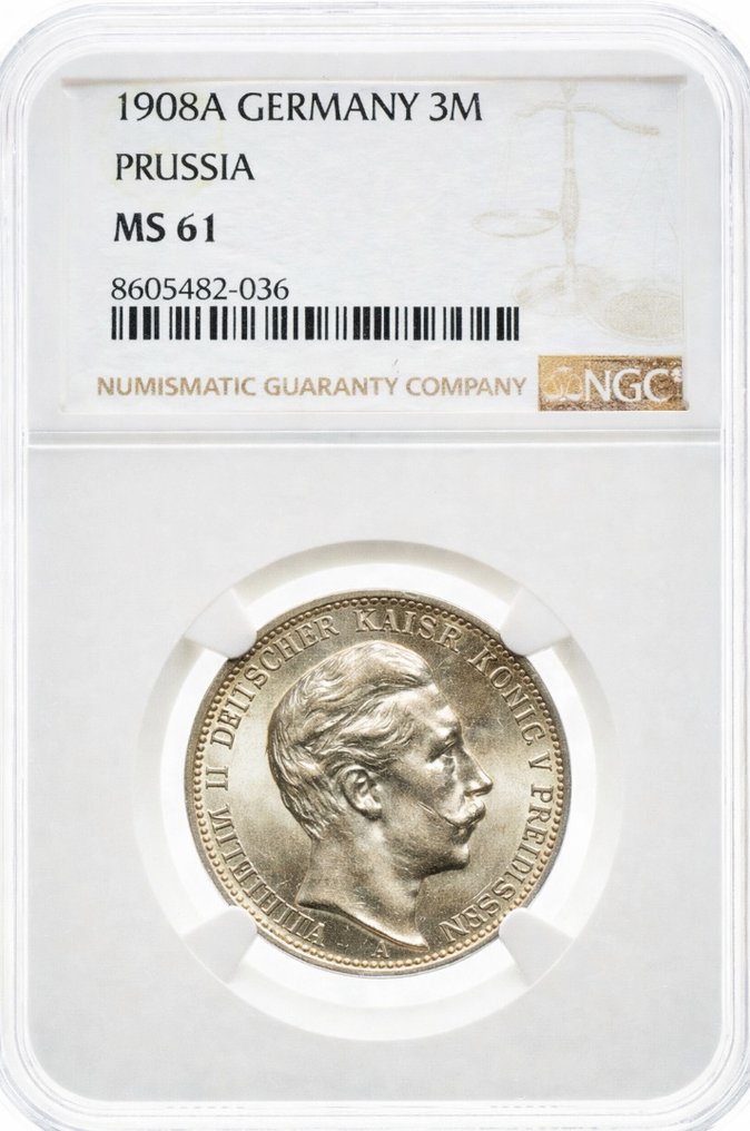 Germany, Prussia Wilhelm II. 3 Mark 1908 - NGC MS61 #1.0