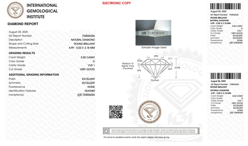 1 pcs Διαμάντι  (Φυσικό)  - 0.50 ct - Στρογγυλό - D (άχρωμο) - VVS1 - International Gemological Institute (IGI) - *VG EX None* #2.1