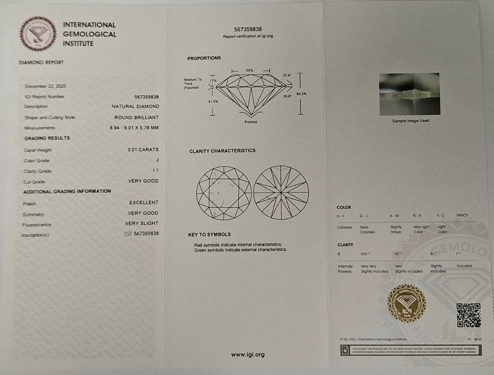 1 pcs 钻石  (天然)  - 3.01 ct - 圆形 - J - I1 内含一级 - 国际宝石研究院（IGI） #2.1