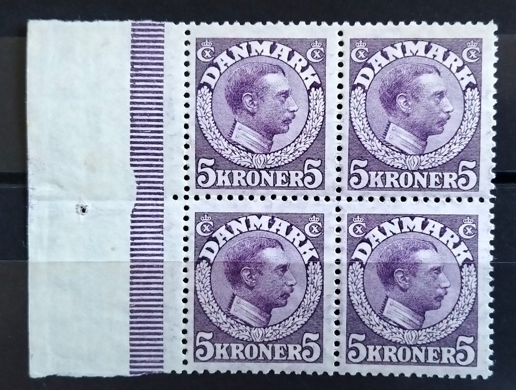 Danmark 1919 - King Christian X. Blok af fire 5-kroner i rød lilla, kobbertryk. - AFA 110a #1.0