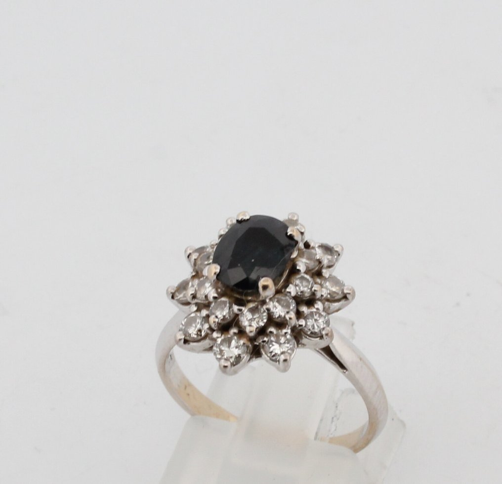 沒有保留價 - 戒指 - 18 克拉 白金 藍寶石 - 鉆石 #1.0