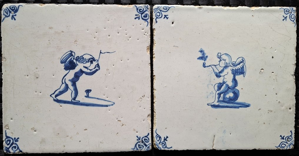  Azulejo - 2 azulejos antiguos de Delft con ángeles. - 1650-1700  #1.0