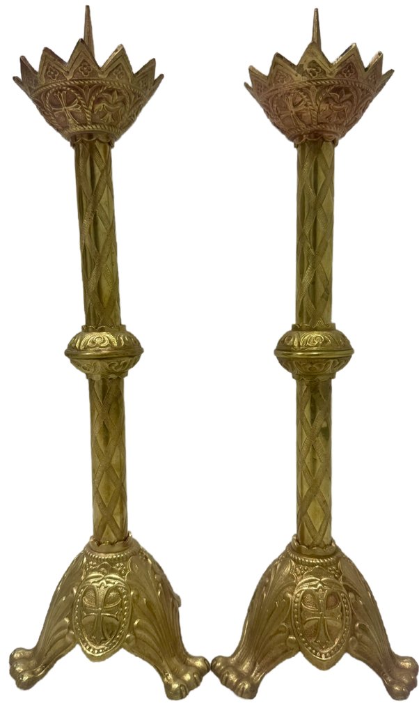 Κηροπήγιο (2) - Gilt bronze - Ζευγάρι εκκλησιαστικών κηροπηγίων - 46 εκ #1.0