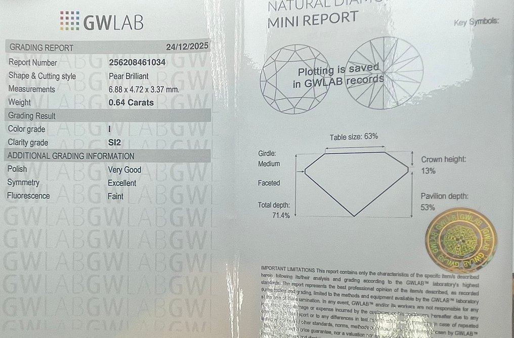 Ingen mindstepris - 1 pcs Diamant (Natur) - 0.64 ct - Pære - I - SI2 - Gemewizard Gemological Laboratory (GWLab) #2.1