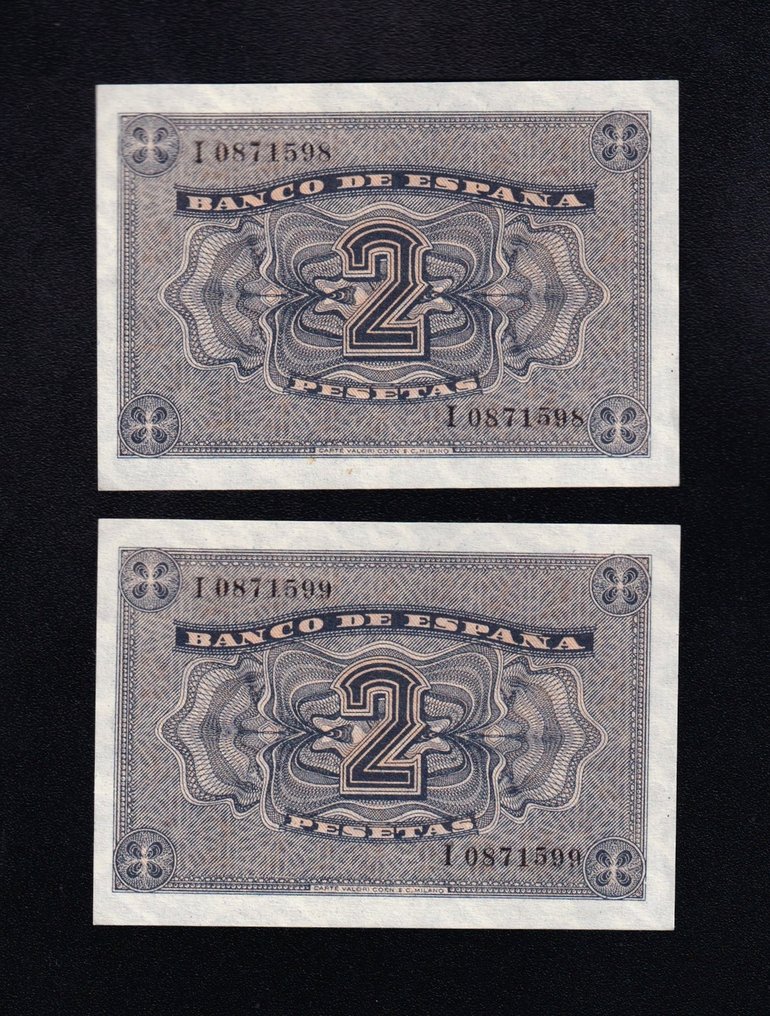 Spain. - 2 x 2 pesetas 1938 - Pick 105a - consecutive  (No reserve price) #1.0