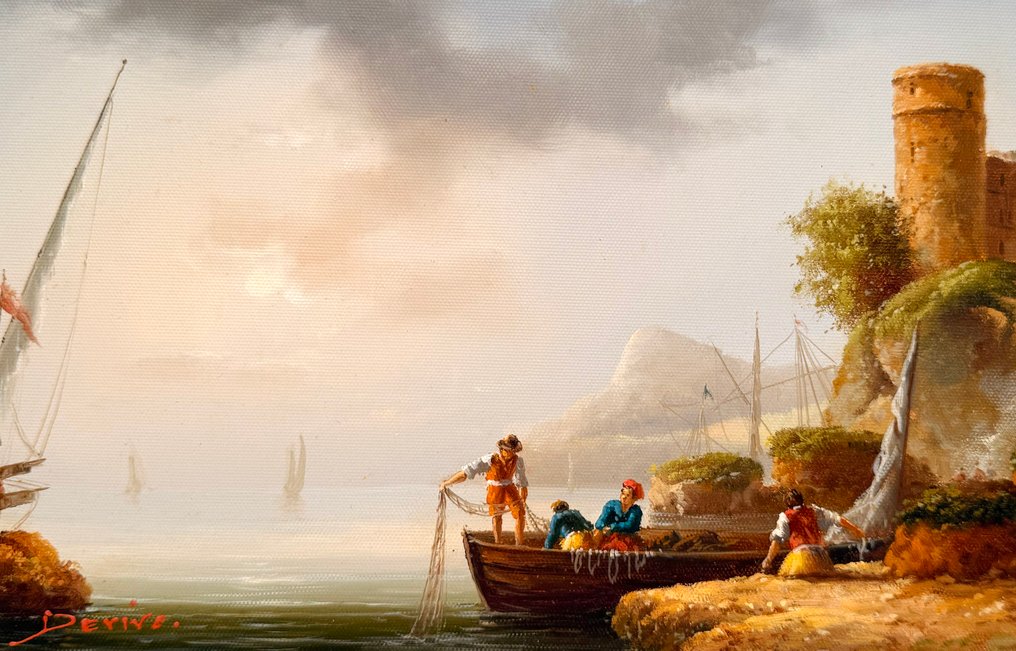 Devivo (XX) - Pêcheurs Entre Voiliers et Rochers Dorés - Paysage Maritime Italien #3.2