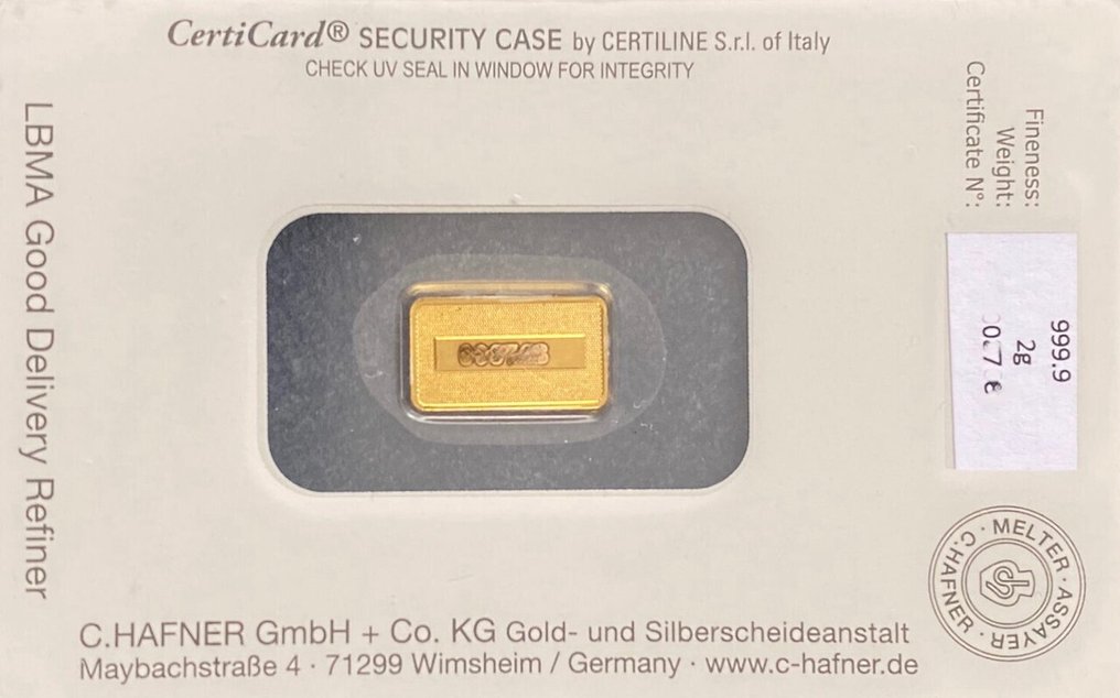 2 grams - Gold .999 - C. Hafner, Germany - Sealed & with certificate #2.1