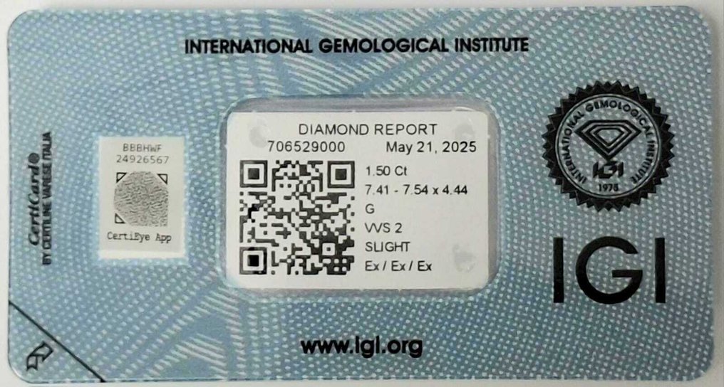 1 pcs Διαμάντι  (Φυσικό)  - 1.50 ct - Στρογγυλό - G - VVS2 - International Gemological Institute (IGI) #4.3