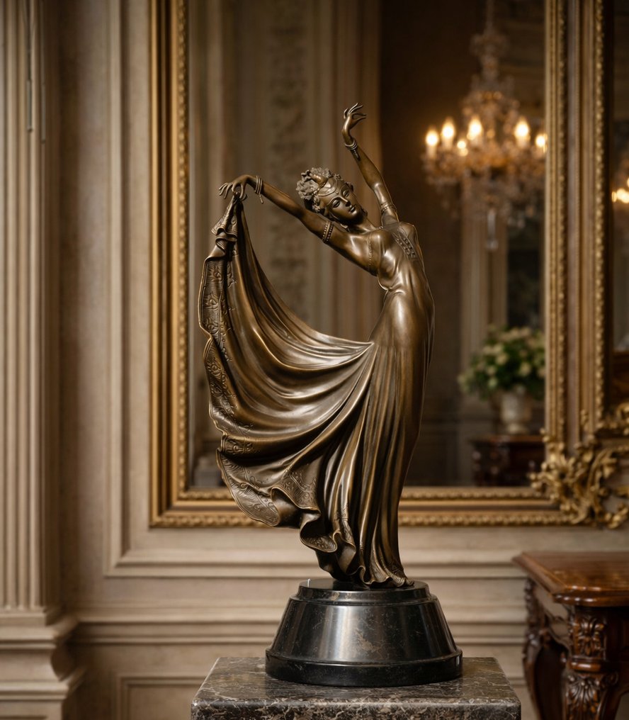 Statuie, (XL) Bronze: Lady with Dress - 57 cm - Bronz, Marmură #1.0