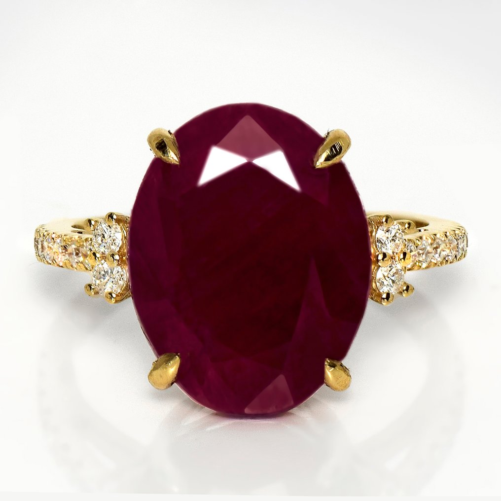 χωρίς τιμή ασφαλείας - Δαχτυλίδι - 14 καράτια HRD 5,13 καράτια, χωρίς θερμική επεξεργασία, μωβ-κόκκινο., Κίτρινο χρυσό - 5.40ct. tw. Ρουμπίνι - Διαμάντι #1.0