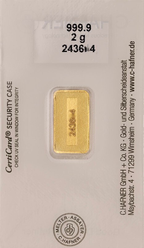 2 grams - Gold .999 - C. Hafner, Germany - Sealed & with certificate #2.1