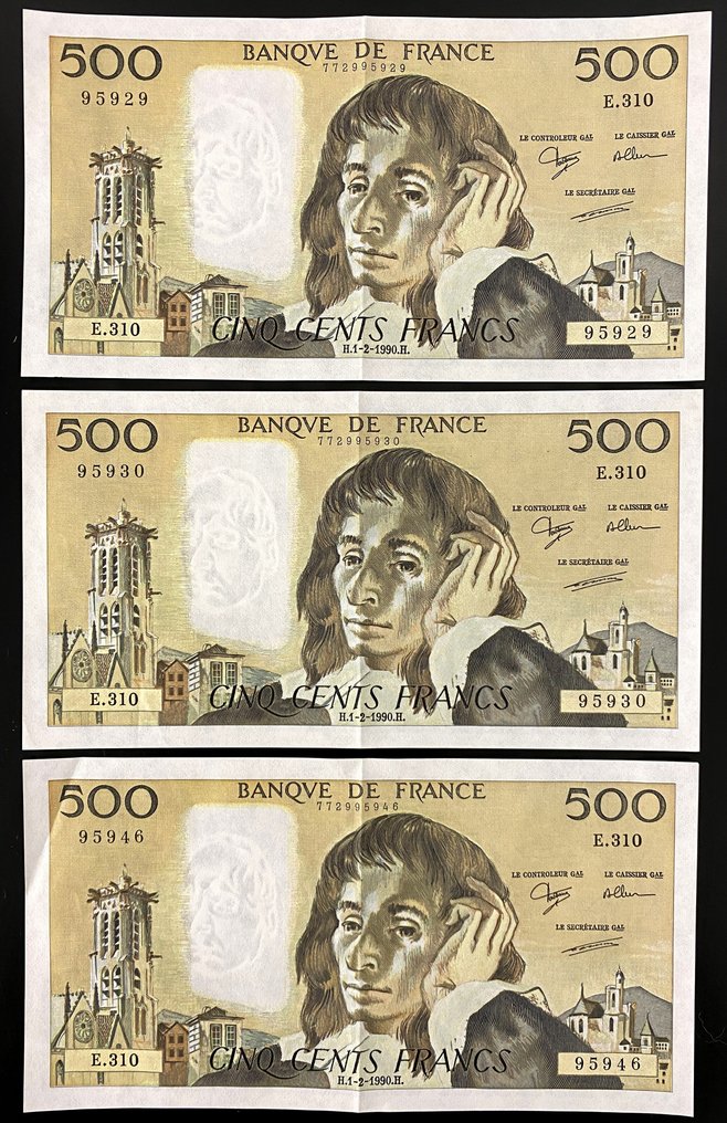 Γαλλία. - 3 x 500 Francs 1990 - Type Pascal - Pick 156 - consecutive  (χωρίς τιμή ασφαλείας) #1.0