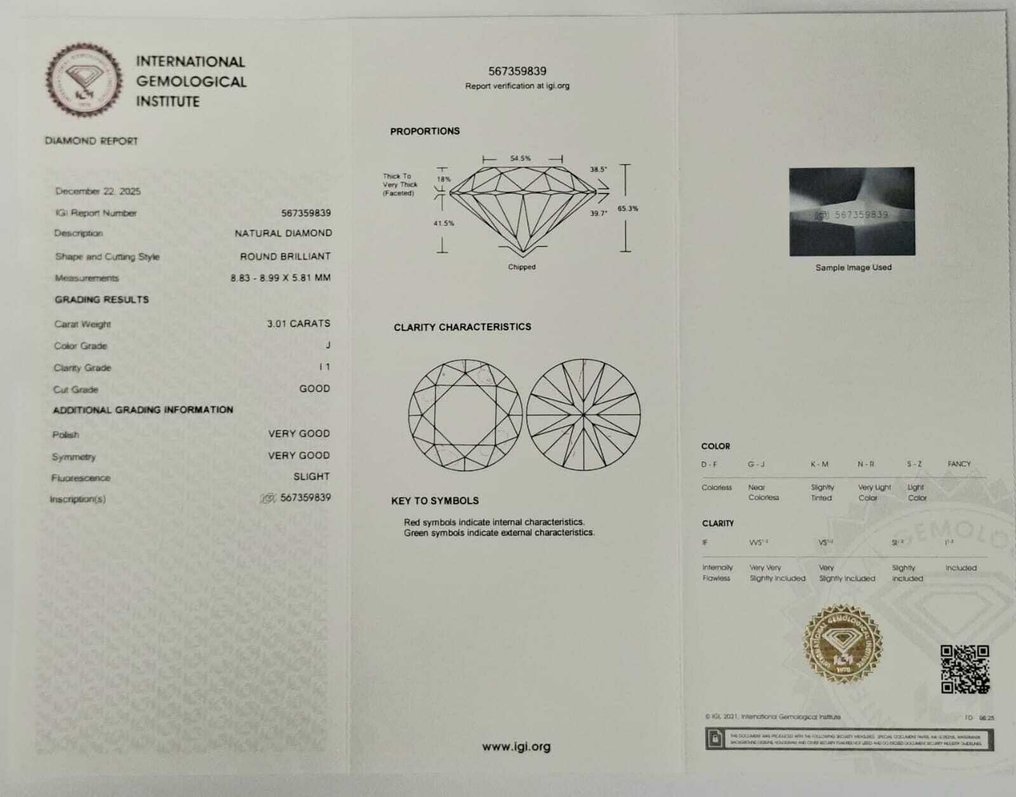 1 pcs Diamond (Natural) - 3.01 ct - Round - J - I1 - International Gemological Institute (IGI) #1.0