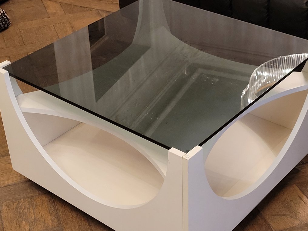 Designer Couchtisch – Space-Age-Stil – Glas und Holz, 1970er - Bord - Glas, Træ #3.2