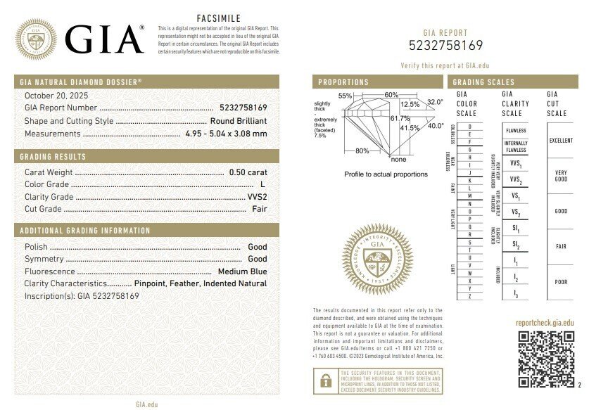 Ingen mindstepris - 1 pcs Diamant  (Natur)  - 0.50 ct - Rund - L - VVS2 - Gemological Institute of America (GIA) #1.0
