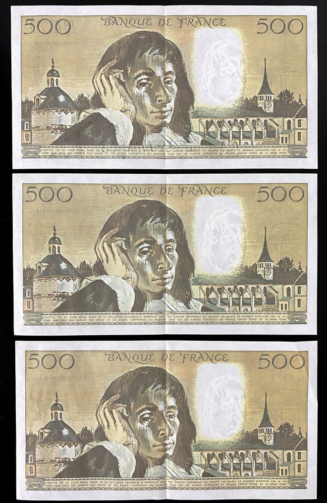 Γαλλία. - 3 x 500 Francs 1990 - Type Pascal - Pick 156 - consecutive  (χωρίς τιμή ασφαλείας) #3.2