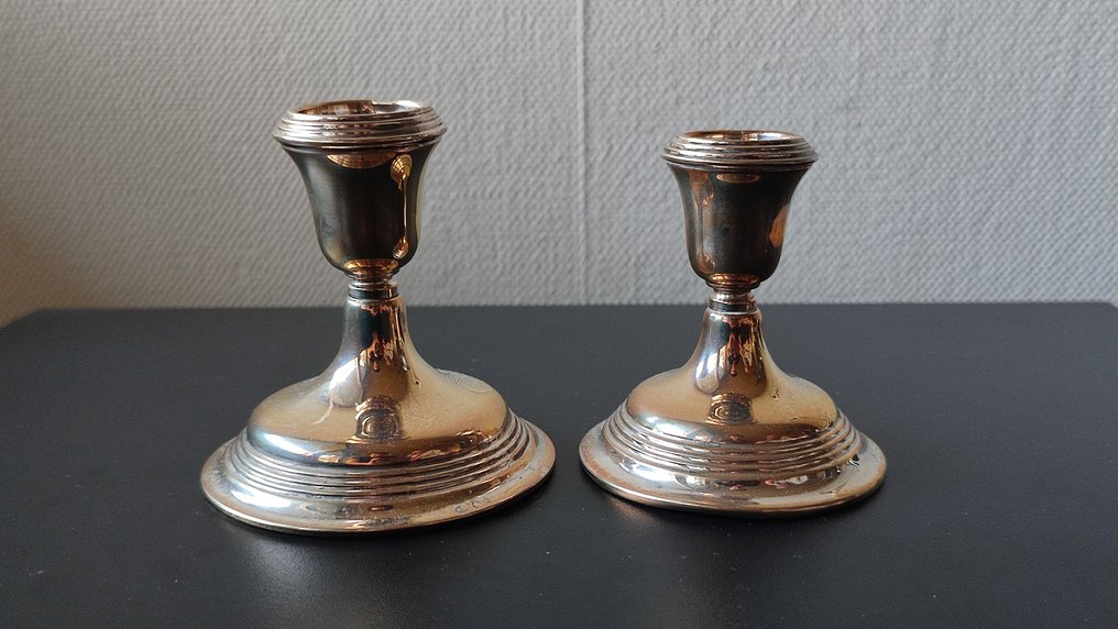 2 Kandelaars-9 cm en 8 cm-1964 en 1966 - Meesterteken onleesbaar - Lysestage (2) - .835 sølv #2.1