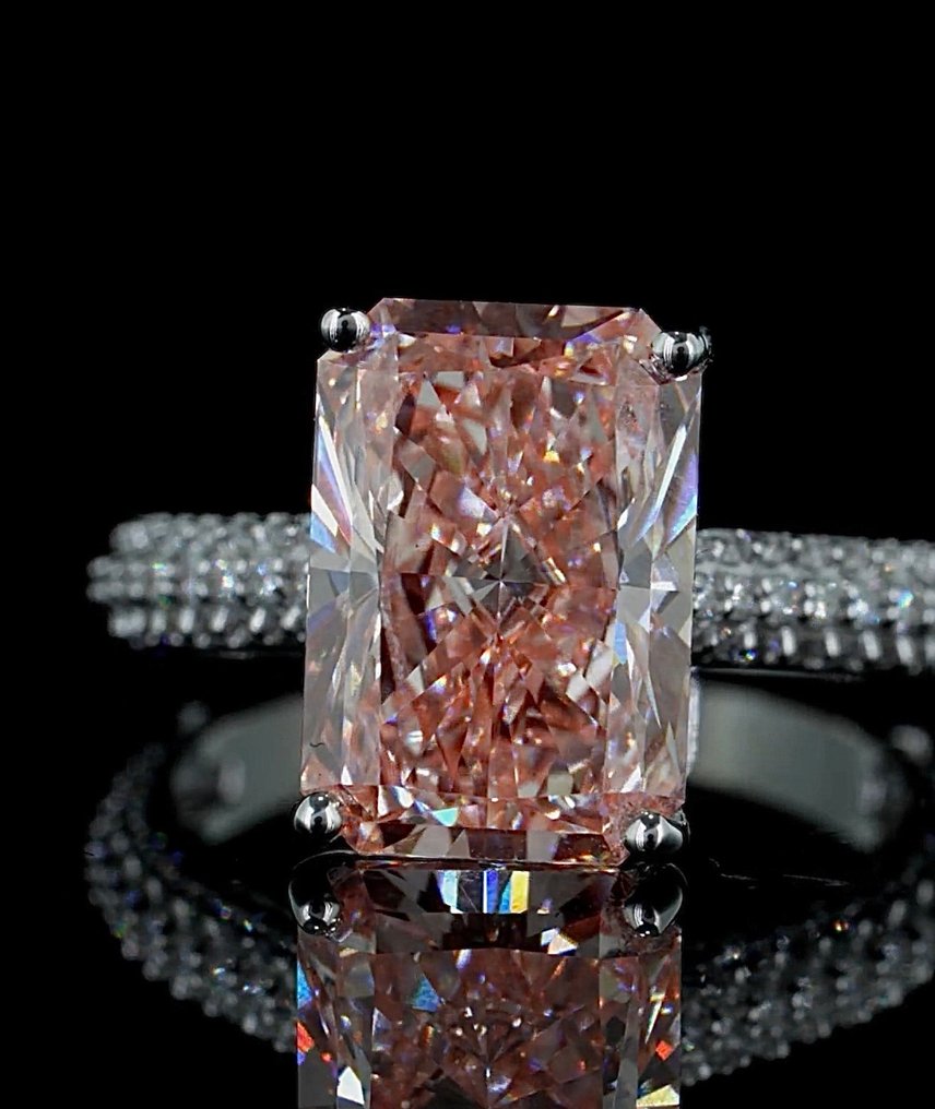 戒指 - 14 克拉 白金 -  6.37ct. tw. 粉紅色 鉆石 (彩色實驗室培育鑽石) - 鉆石 #4.3