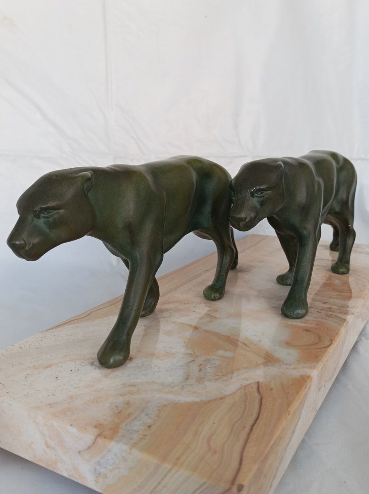 Szobor, two panthers, art déco - 16.5 cm - Ötvözet, Márvány #1.0