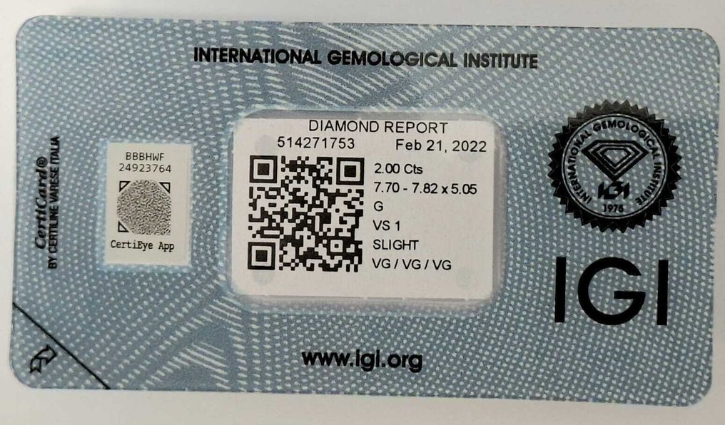 1 pcs Diamond (Natural) - 2.00 ct - Round - G - VS1 - International Gemological Institute (IGI) #3.2