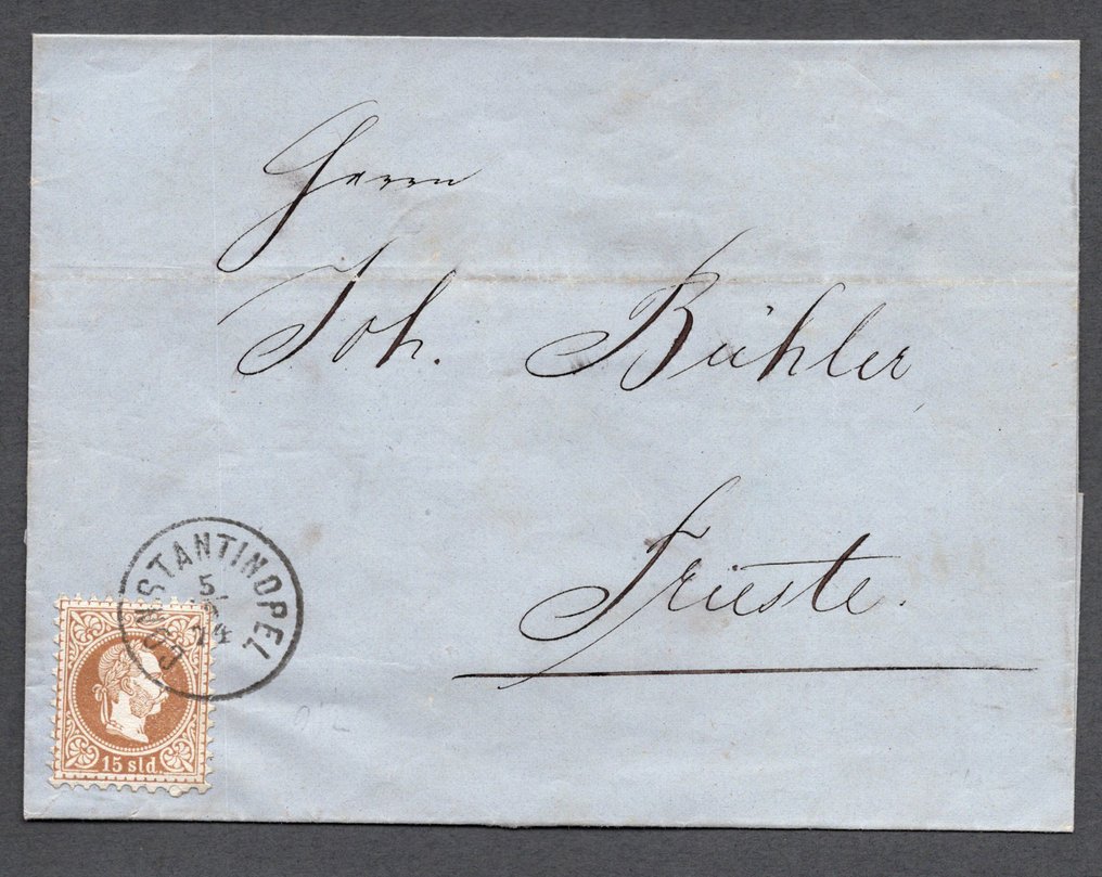 Λεβάντε (Αυστριακά Ταχυδρομεία)  - Αυστριακή Ανατολή 1874, πλήρες διπλωμένο γράμμα, σωστά φραγμένο με μια μονή σφραγίδα 15 soldi. #1.0