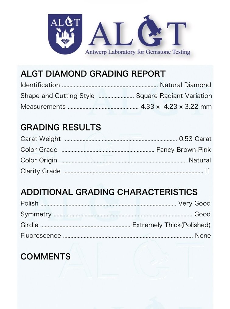 1 pcs 鑽石  (天然彩色)  - 0.53 ct - 雷地恩型 - Fancy 褐色 粉紅色 - I1 - Antwerp Laboratory for Gemstone Testing (ALGT) #2.1