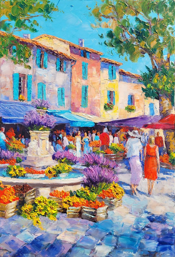 NOLAC - NOLAC 2025 - "Marché provençal estival" - 60x40 cm - Huile au couteau - scène de vie #1.0