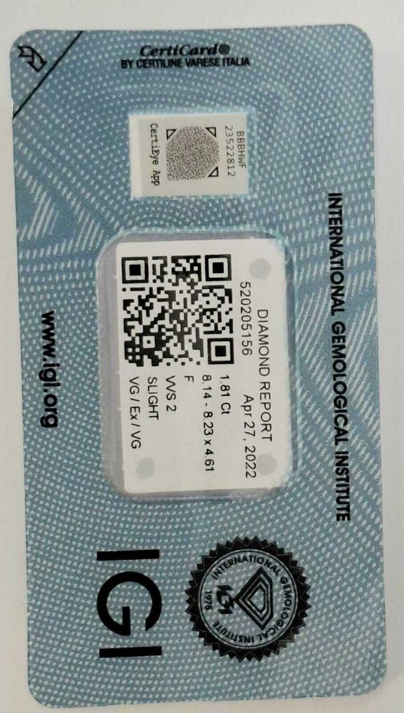 1 pcs Diamond  (Natural)  - 1.81 ct - Round - F - VVS2 - International Gemological Institute (IGI) #1.0