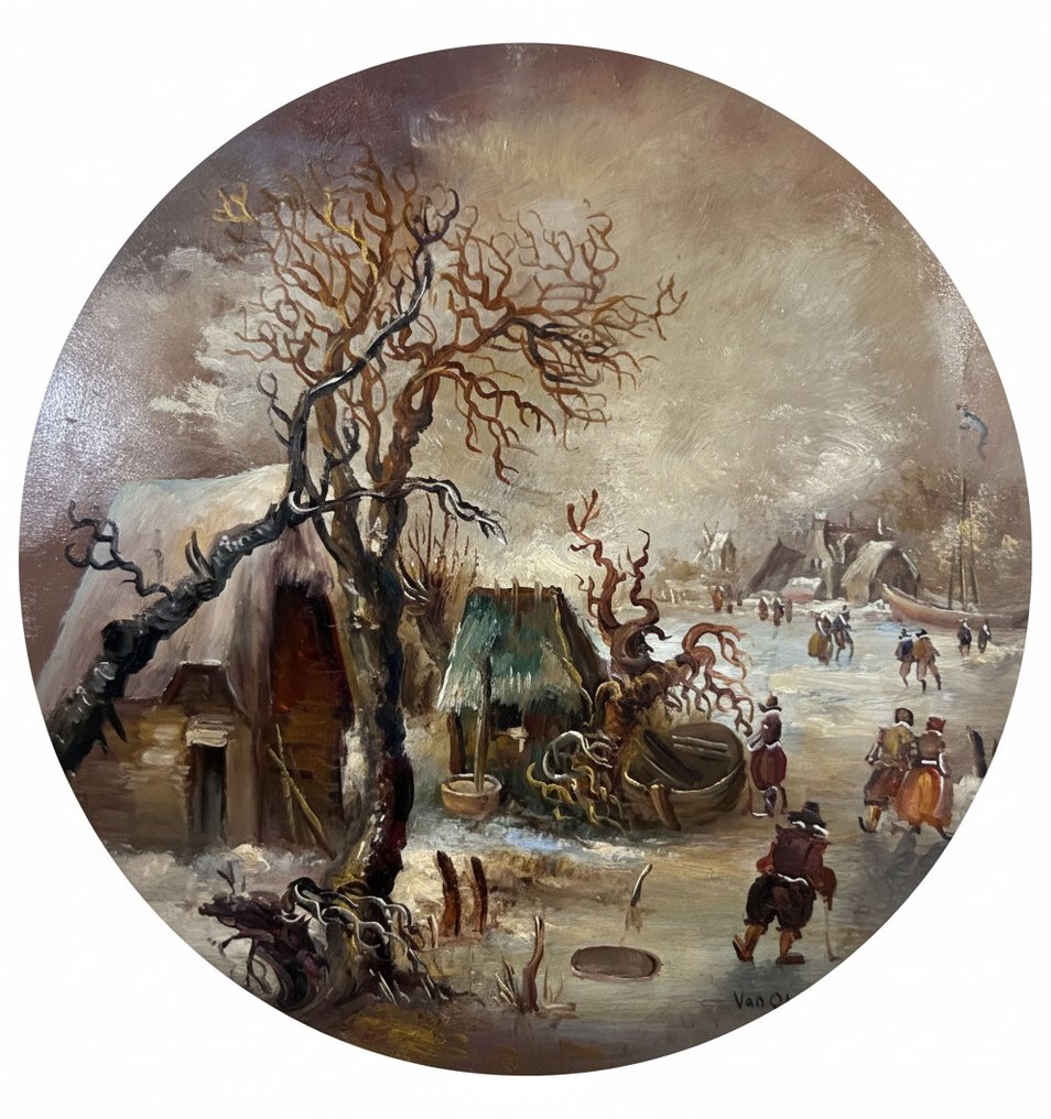 Scuola fiamminga (XX) - Paesaggio invernale con pattinatori sul ghiaccio  - NO RESERVE #1.0