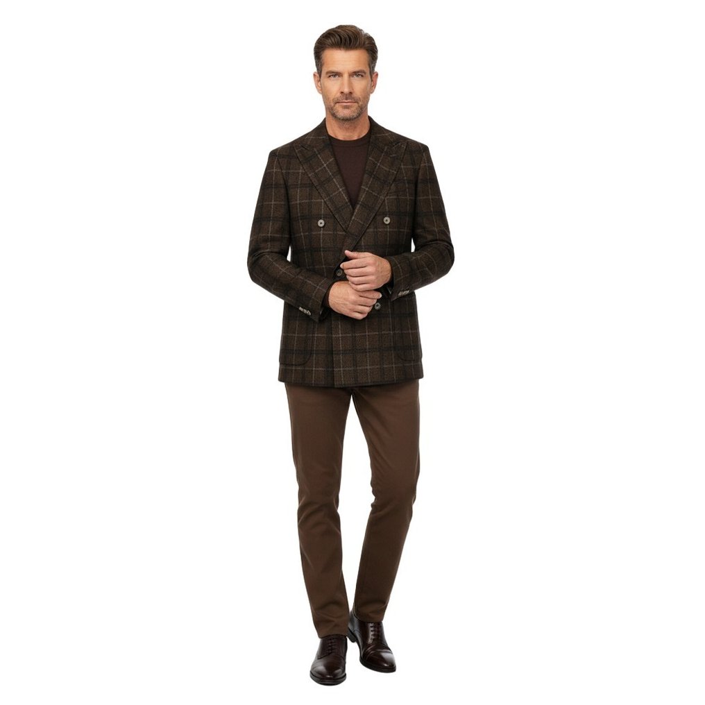 SANTANIELLO RRP 650€ Brown Checks Double-Breasted Jacket Cotton Wool - 52 IT - Blazer - New with tags #1.0