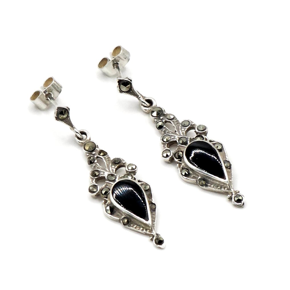 Silber, 925 sterling silber schwarz onyx & marcasite - Tropfenohrringe - Art Deco geometrisch #1.0