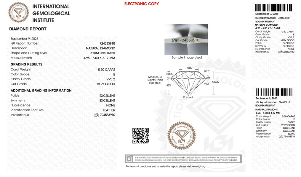 1 pcs Diamante  (Naturale)  - 0.50 ct - Rotondo - E - VVS2 - International Gemological Institute (IGI) - *VG EX None* #2.1
