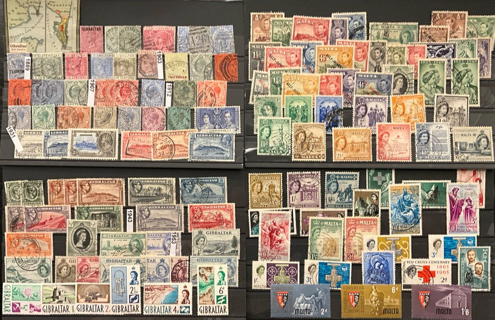 British Commonwealth 1885/1964 - Μάλτα και Γιβραλτάρ, τέσσερις επιλεγμένες κάρτες με μερικά καλύτερα γραμματόσημα. - Michel #1.0