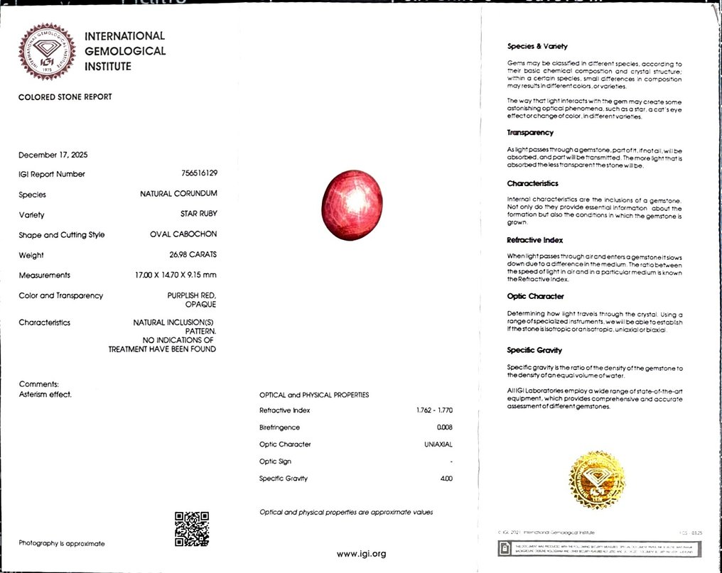 没有保留价 星彩红宝石  - 26.98 ct - 国际宝石研究院（IGI） #2.1