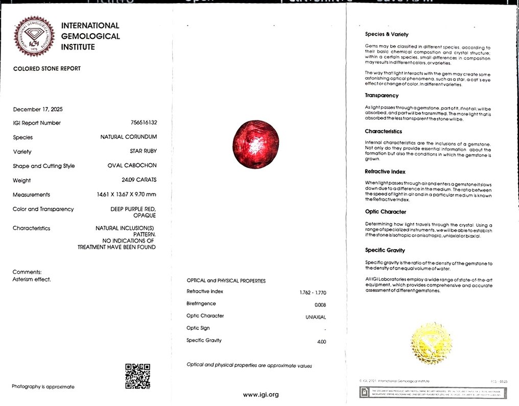 没有保留价 星彩红宝石 - 24.09 ct - 国际宝石研究院(IGI) - 非常罕见的九光芒 #2.1