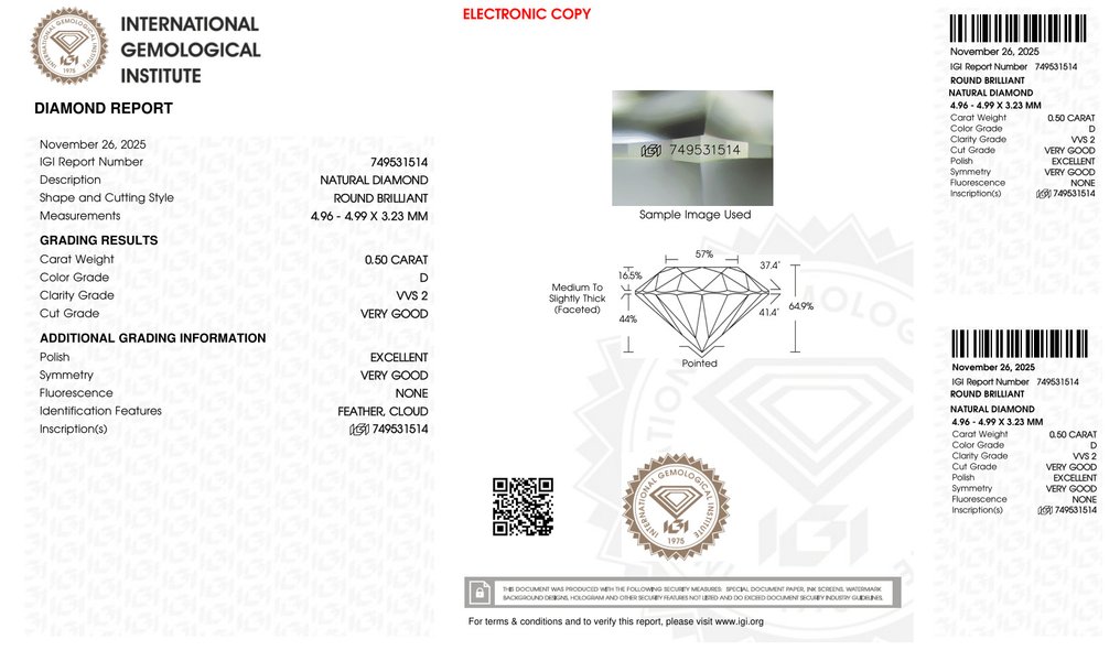 1 pcs Διαμάντι (Φυσικό) - 0.50 ct - Στρογγυλό - D (άχρωμο) - VVS2 - International Gemological Institute (IGI) - *VG EX None* #2.1