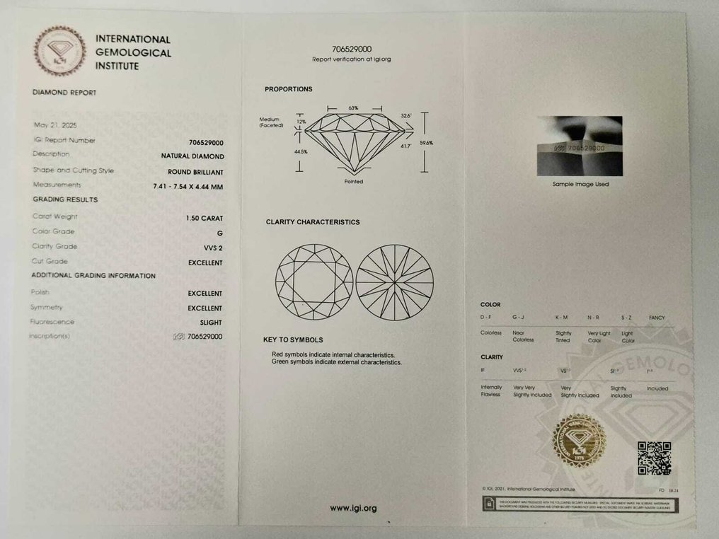 1 pcs Διαμάντι  (Φυσικό)  - 1.50 ct - Στρογγυλό - G - VVS2 - International Gemological Institute (IGI) #3.2